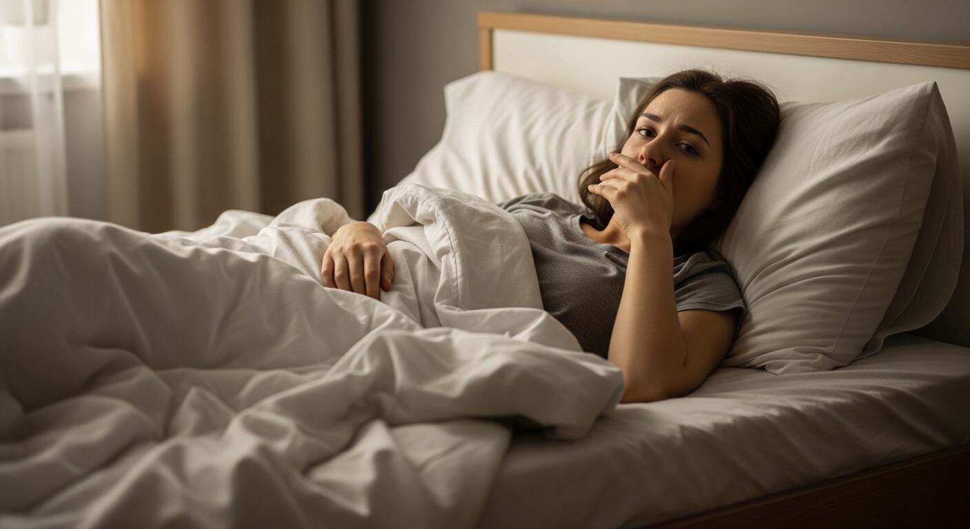 Una persona se despierta en su cama y se cubre la boca debido al mal aliento matutino. (Imagen Ilustrativa Infobae)