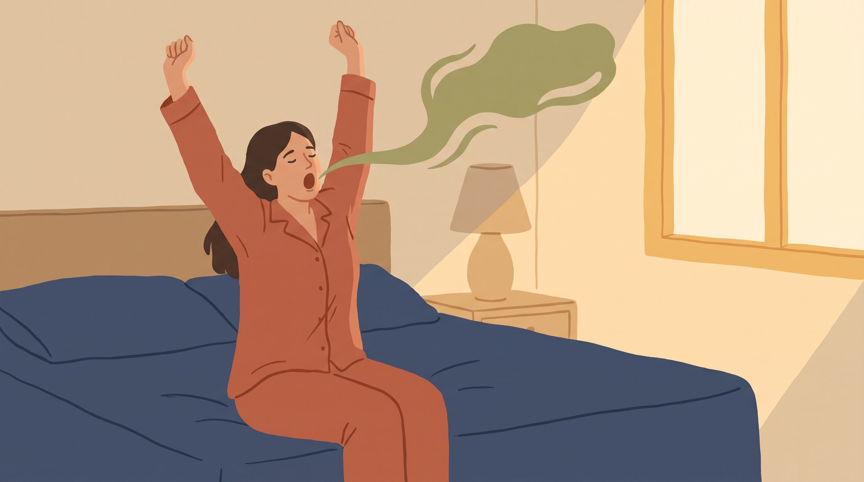 Una persona sentada en la cama se estira al despertar mientras una nube verde sale de su boca abierta. (Imagen Ilustrativa Infobae)