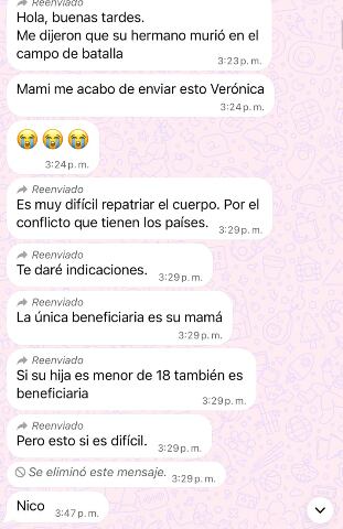 Captura del mensaje enviado el 17 de julio de 2024 a la hermana del padre de Nicole por la intermediaria Verónica García, en el que afirmaba falsamente que John Jairo Sepulveda había fallecido en combate.