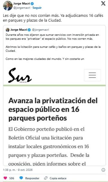 El alcalde porteño Jorge Macri anunció el resultado de la licitación de los cafés en distintos espacios verdes de CABA (@jorgemacri) (@jorgemacri)