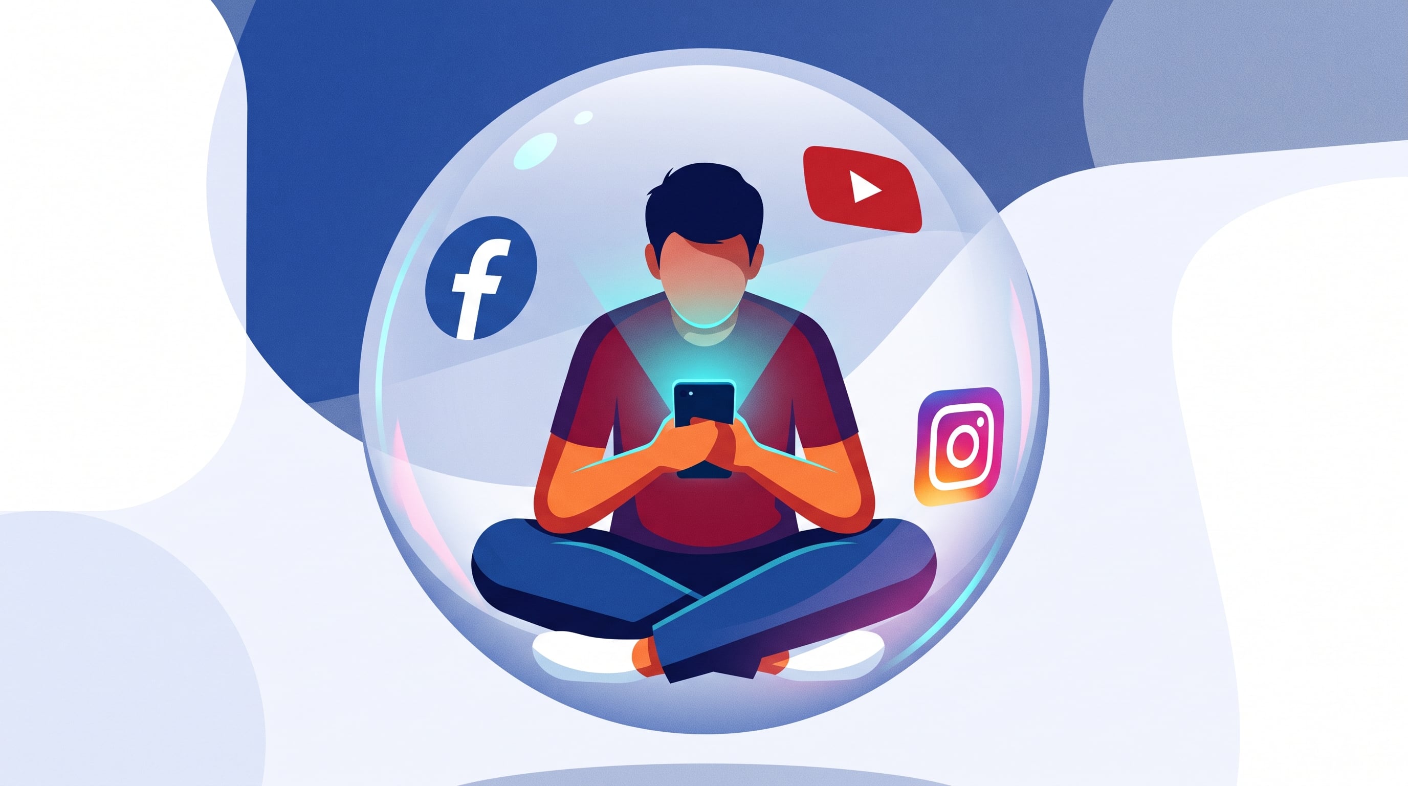 Una persona rodeada por logotipos de redes sociales observa la pantalla iluminada de un teléfono desde el interior de una esfera transparente. (Imagen Ilustrativa Infobae)