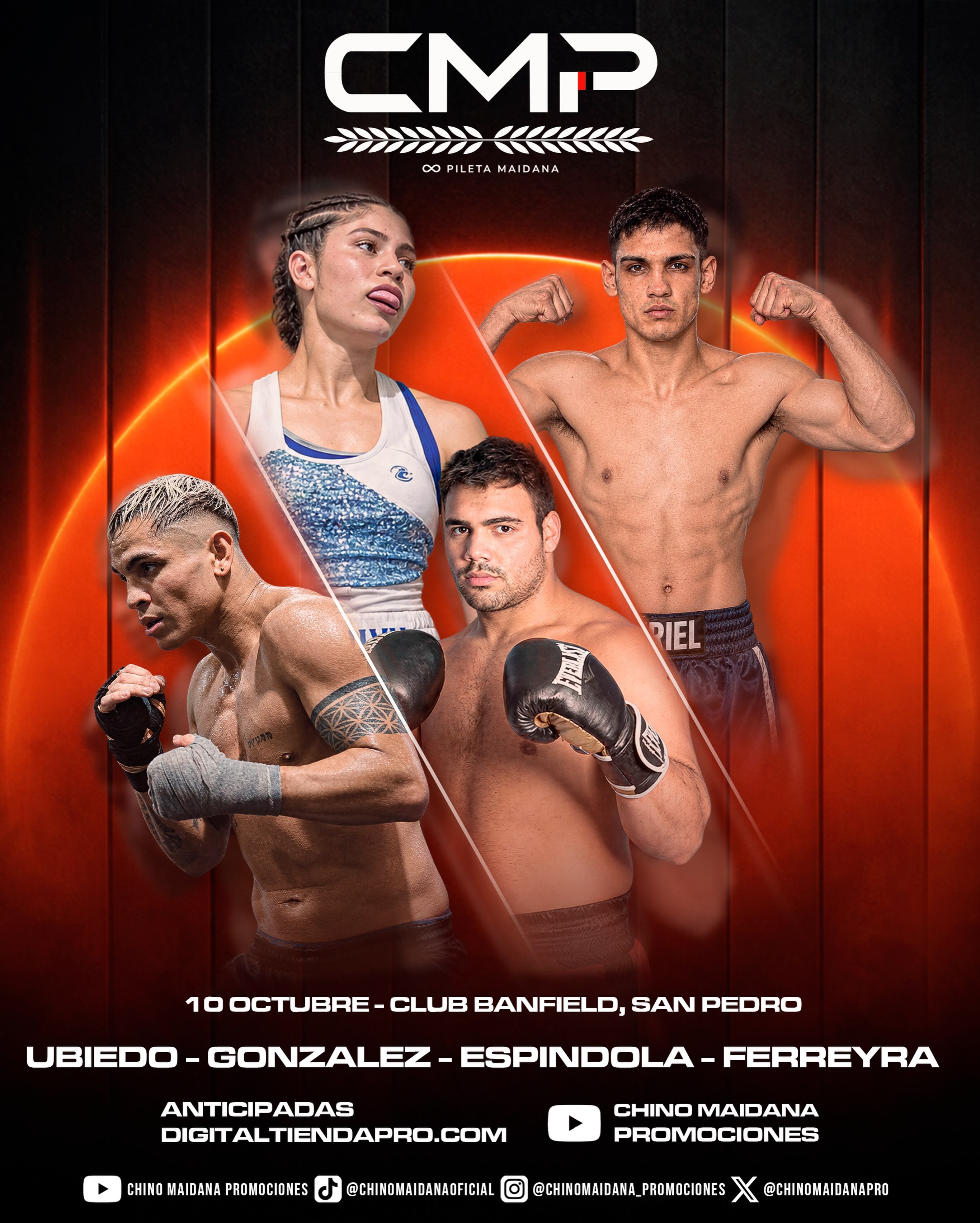La cartelera de Chino Maidana Promociones del evento del próximo 10 de octubre en San Pedro (@ChinoMaidana_promociones)