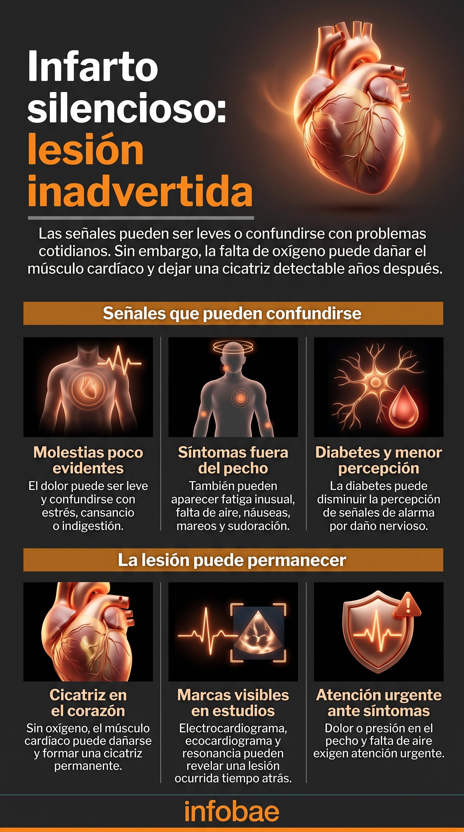 Un infarto silencioso ocurre cuando se interrumpe el flujo sanguíneo y se forma una cicatriz en el músculo cardíaco (Imagen Ilustrativa Infobae)