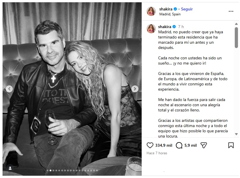 Shakira publicó en su cuenta de Instagram una foto junto a Antonio de la Rúa tras la última función de su residencia en Madrid