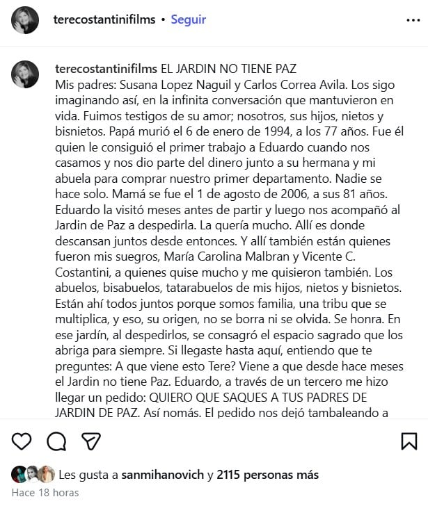 Teresa Costantini asegura que su exmarido Eduardo le pidió retirar los restos de sus padres del Jardín de Paz: cuál fue su respuesta